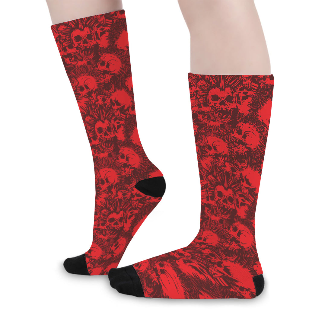 Red Punk Skull Pattern Print Long Socks