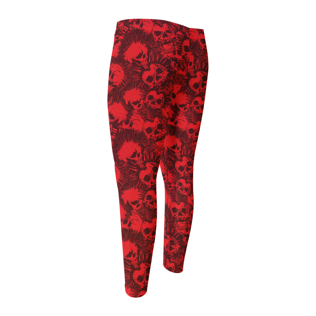 Red Punk Skull Pattern Print Men's Compression Pants