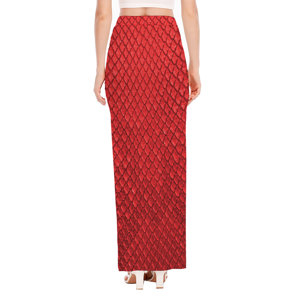 Red Python Snakeskin Print High Slit Maxi Skirt