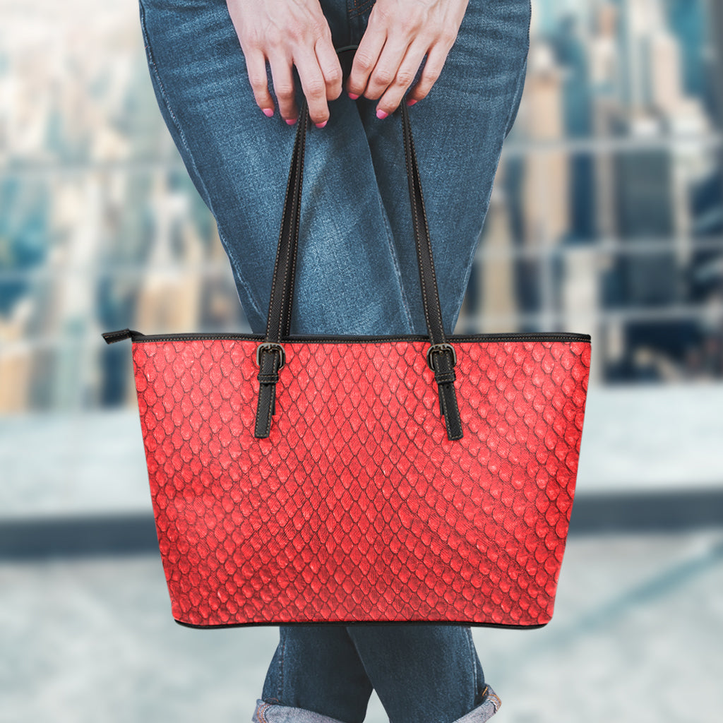 Red Python Snakeskin Print Leather Tote Bag