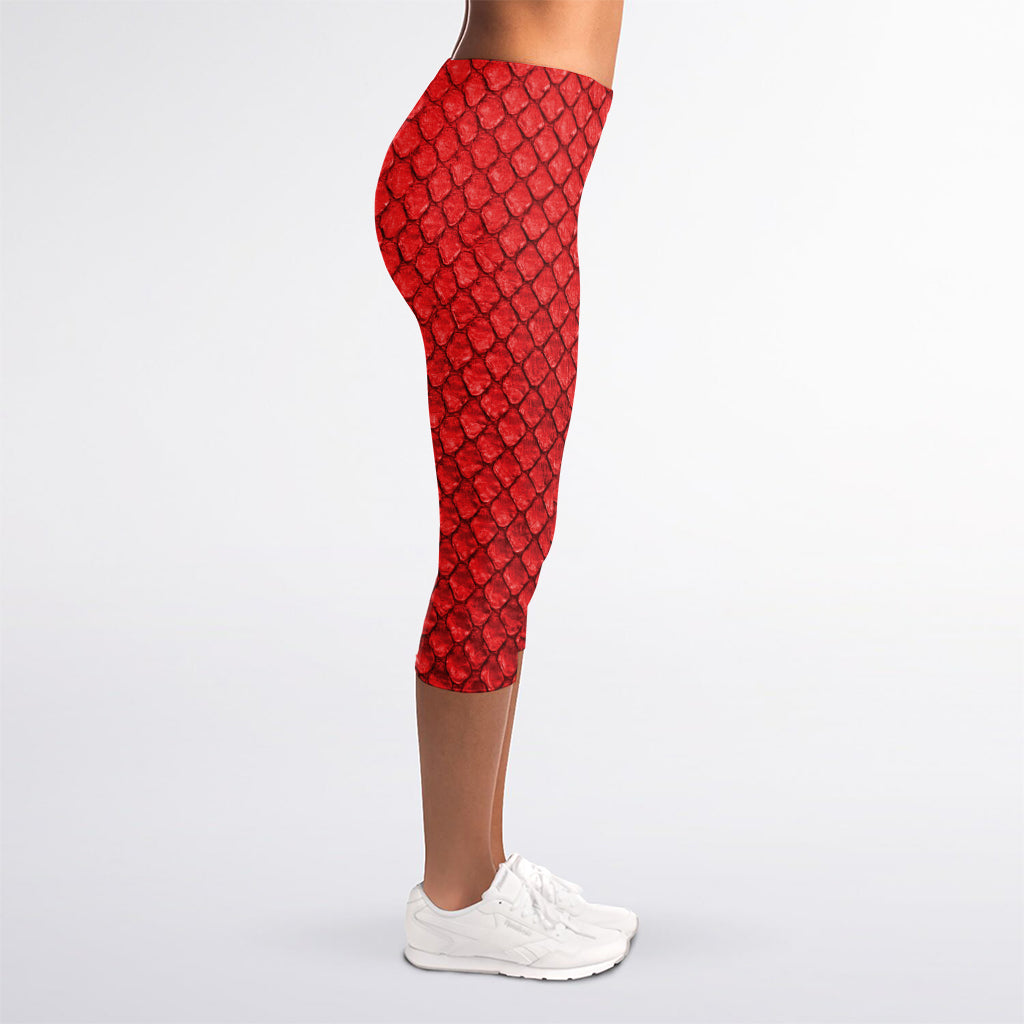 Red Python Snakeskin Print Women's Capri Leggings