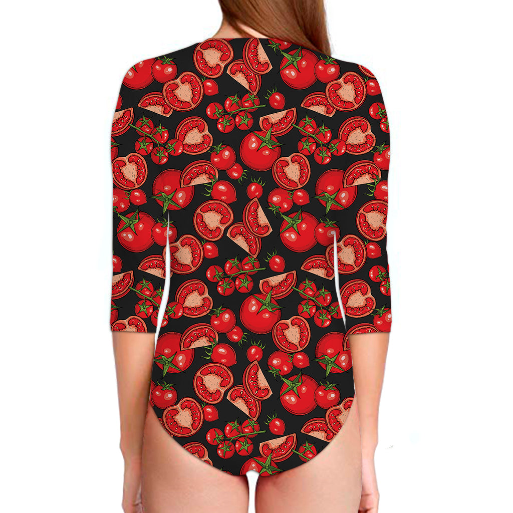 Red Ripe Tomatoes Pattern Print Long Sleeve Swimsuit