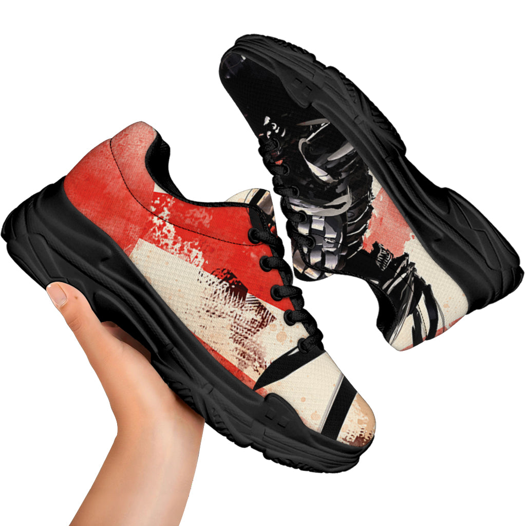 Red Rising Sun Samurai Print Black Chunky Shoes