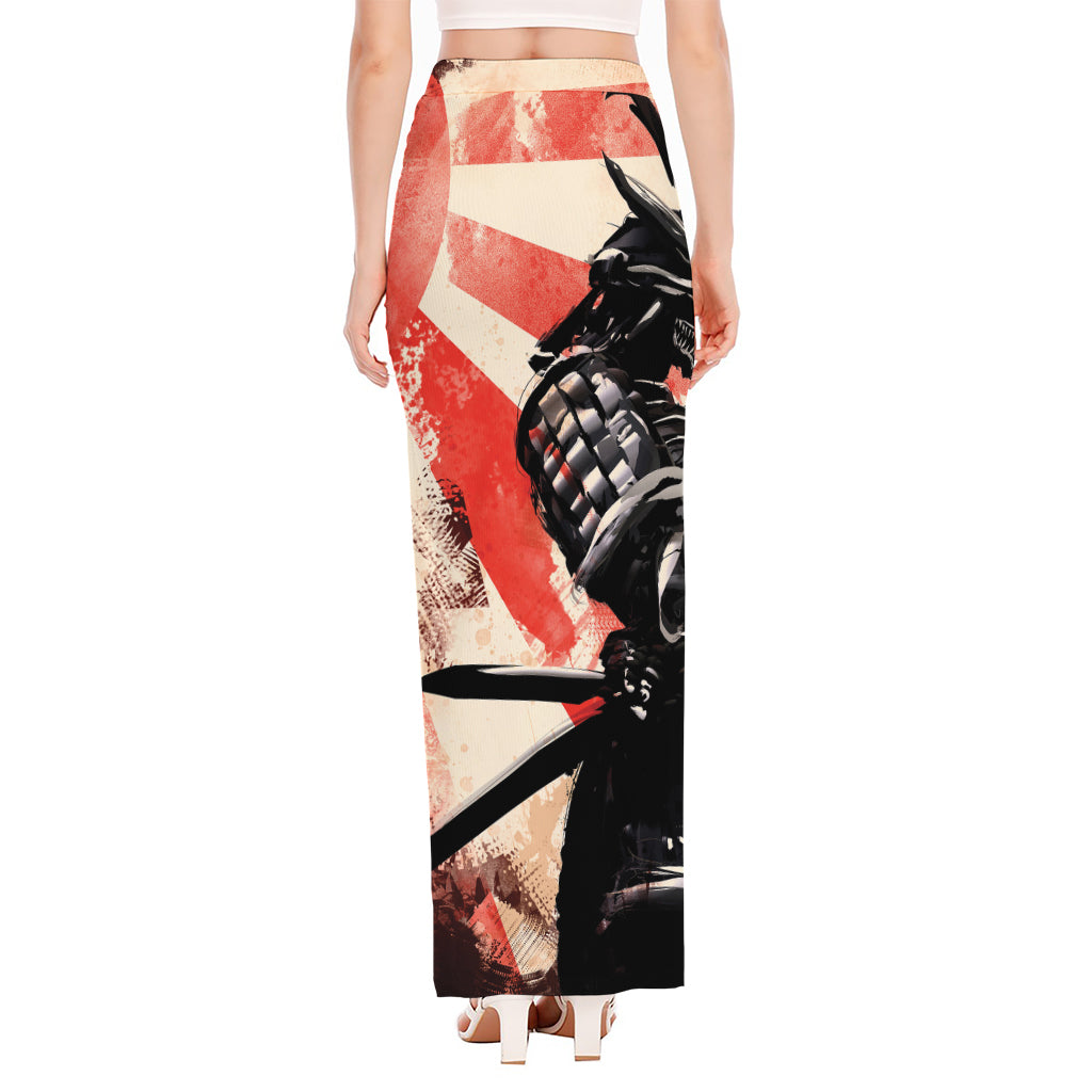 Red Rising Sun Samurai Print High Slit Maxi Skirt