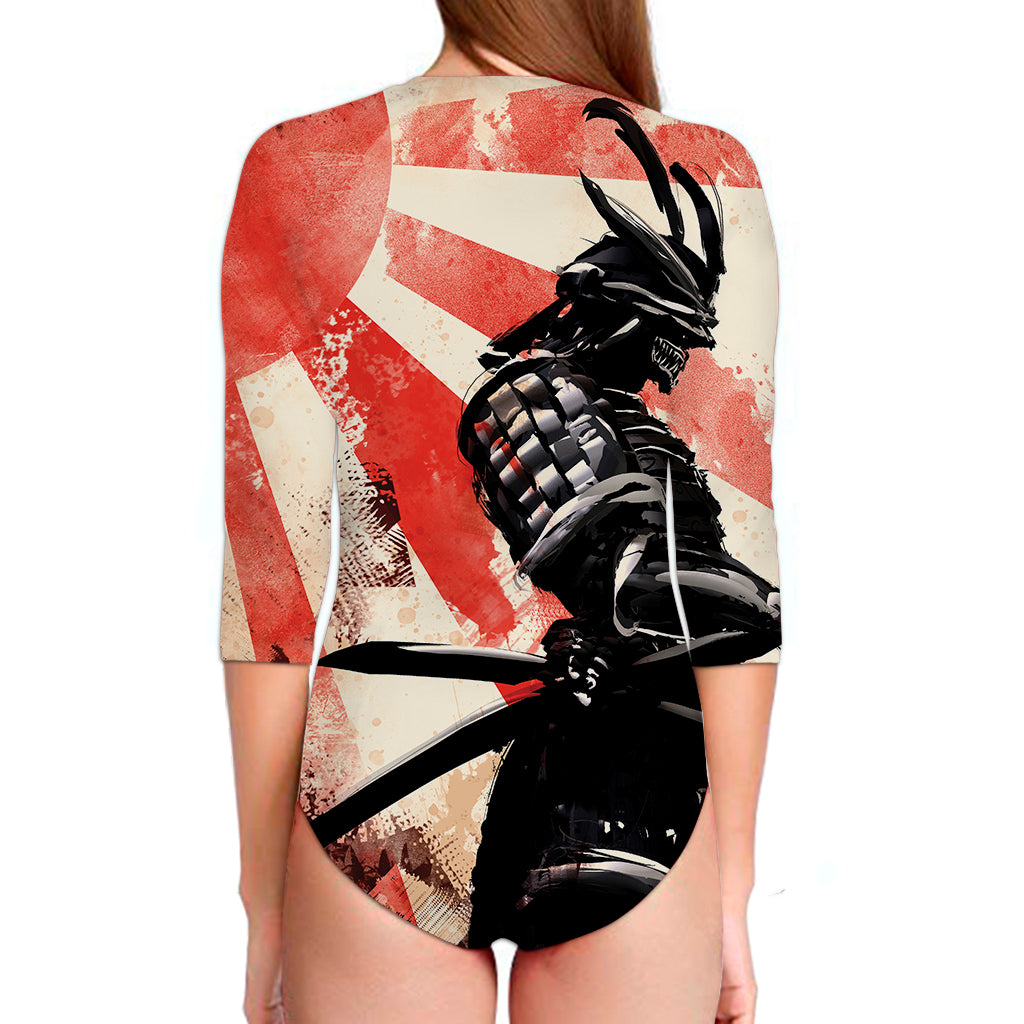 Red Rising Sun Samurai Print Long Sleeve Swimsuit
