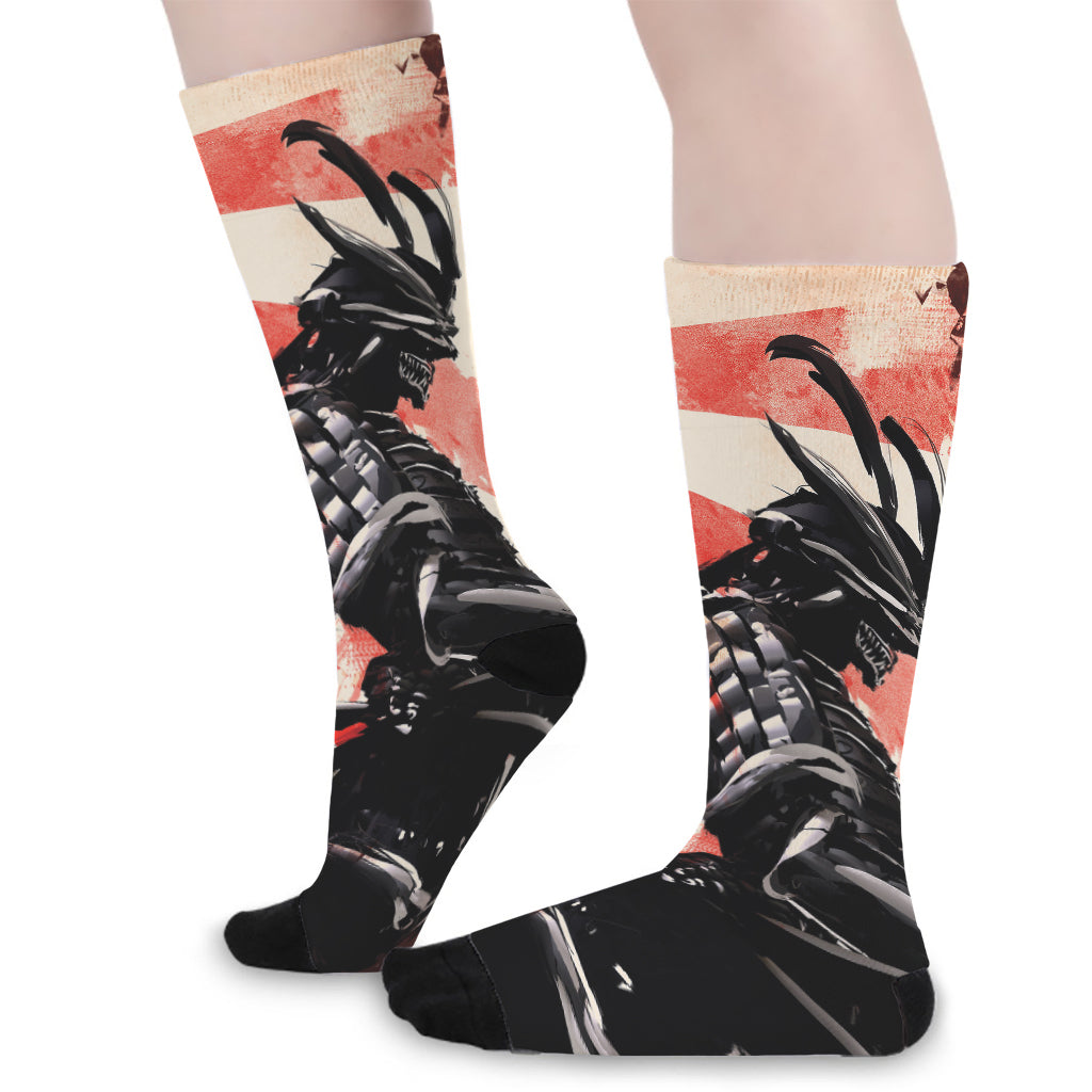 Red Rising Sun Samurai Print Long Socks