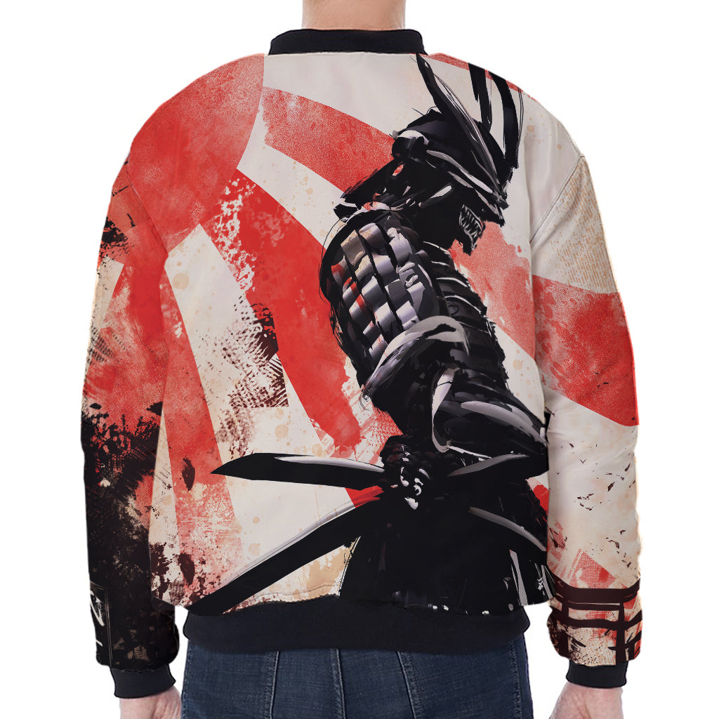 Red Rising Sun Samurai Print Zip Sleeve Bomber Jacket