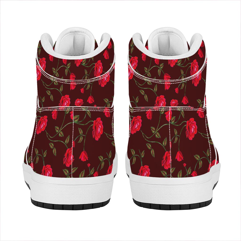 Red Rose Floral Flower Pattern Print High Top Leather Sneakers
