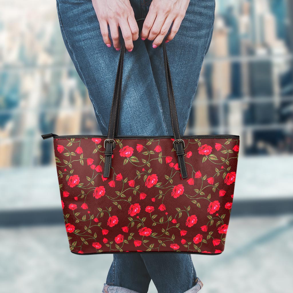 Red Rose Floral Flower Pattern Print Leather Tote Bag