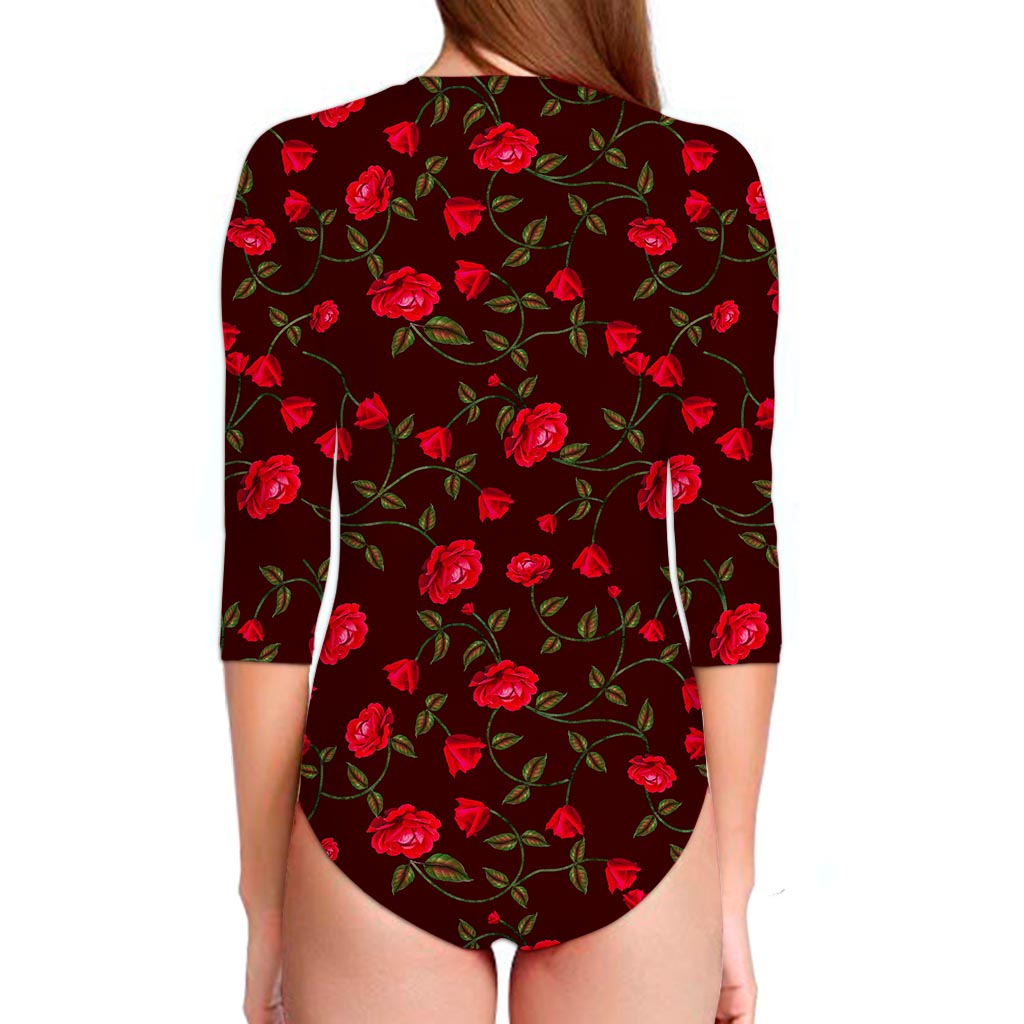 Red Rose Floral Flower Pattern Print Long Sleeve Swimsuit