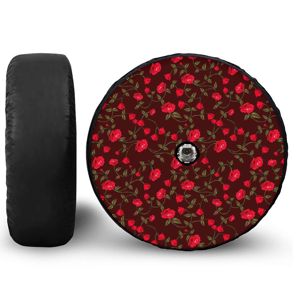 Red Rose Floral Flower Pattern Print Tire Cover With Camera Hole