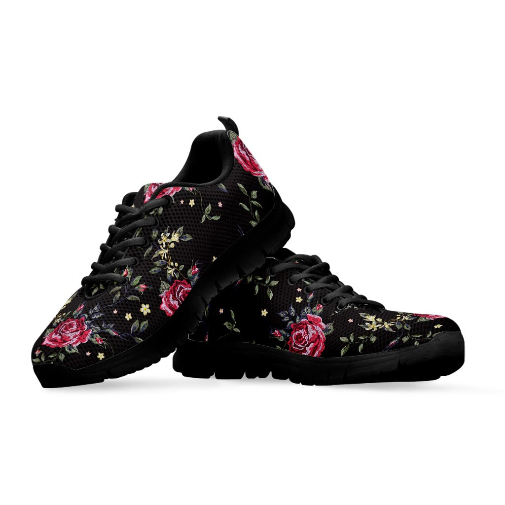 Red Rose Floral Pattern Print Black Running Shoes