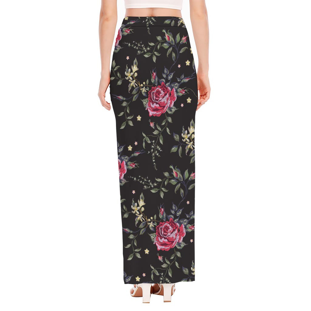Red Rose Floral Pattern Print High Slit Maxi Skirt