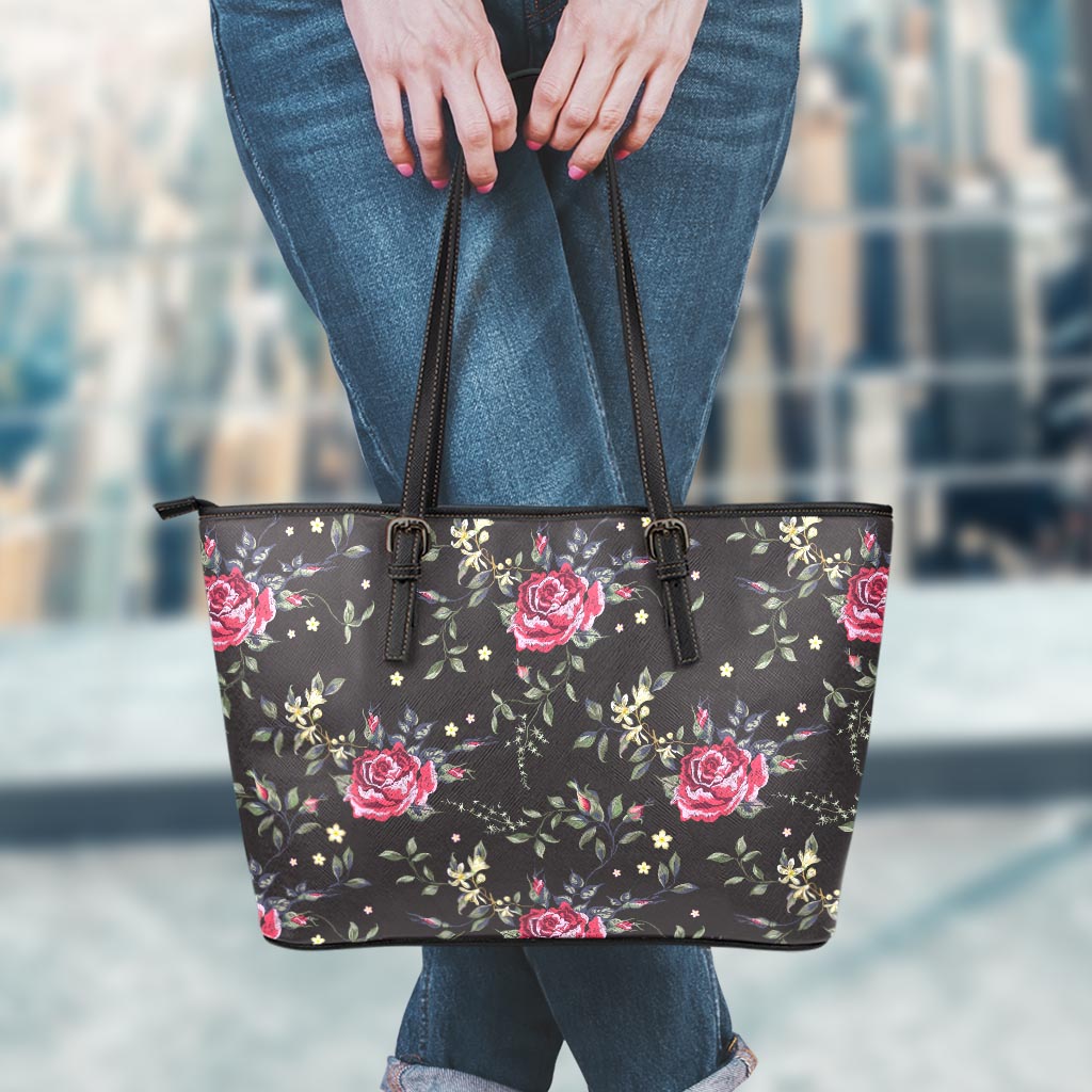 Red Rose Floral Pattern Print Leather Tote Bag