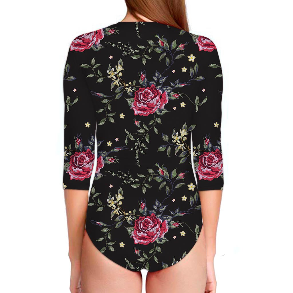 Red Rose Floral Pattern Print Long Sleeve Swimsuit