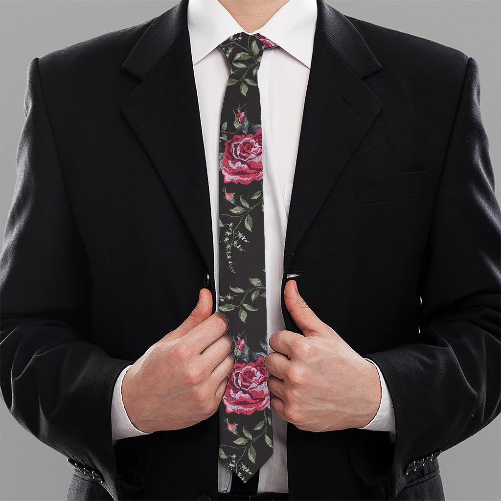 Red Rose Floral Pattern Print Necktie