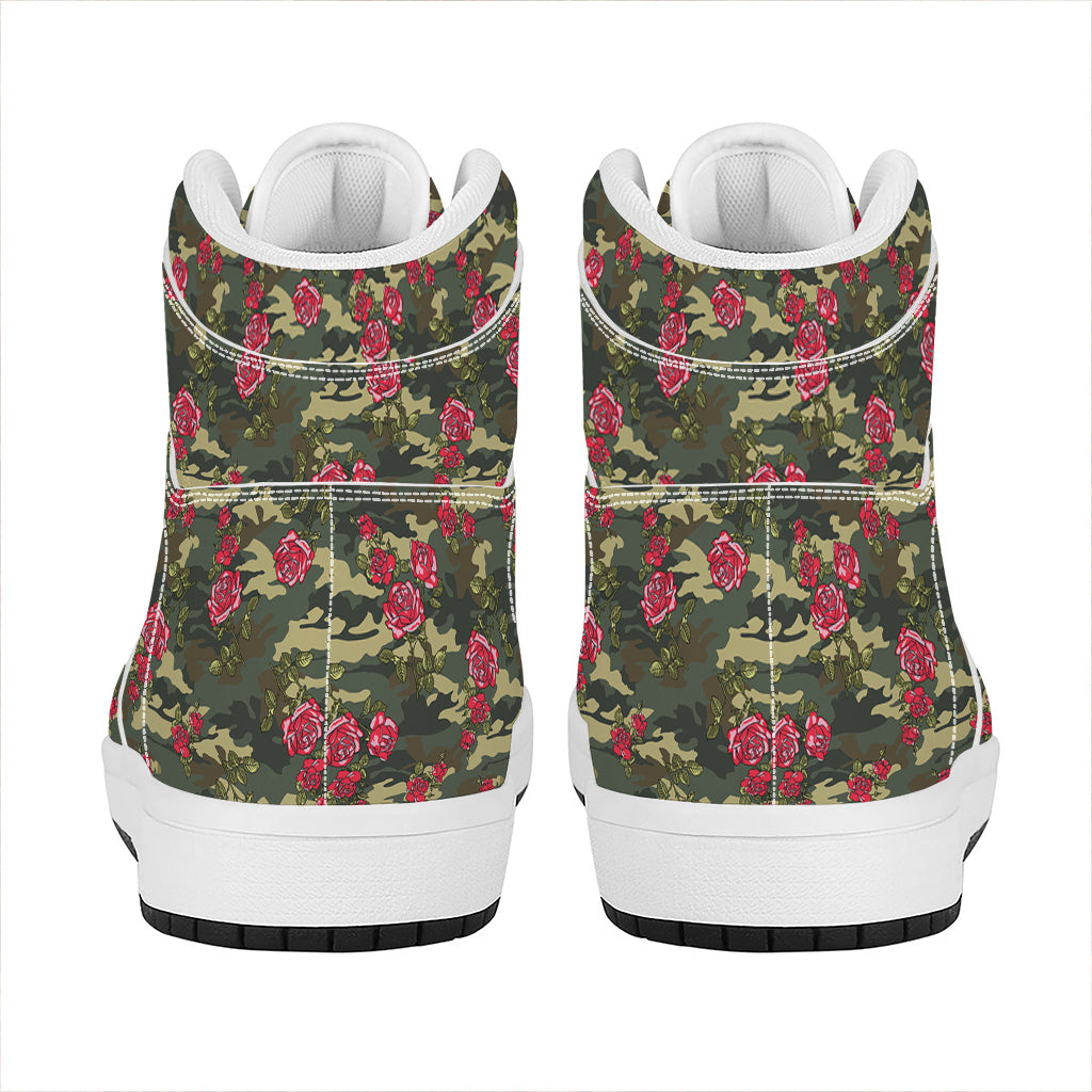 Red Rose Flower Camouflage Print High Top Leather Sneakers