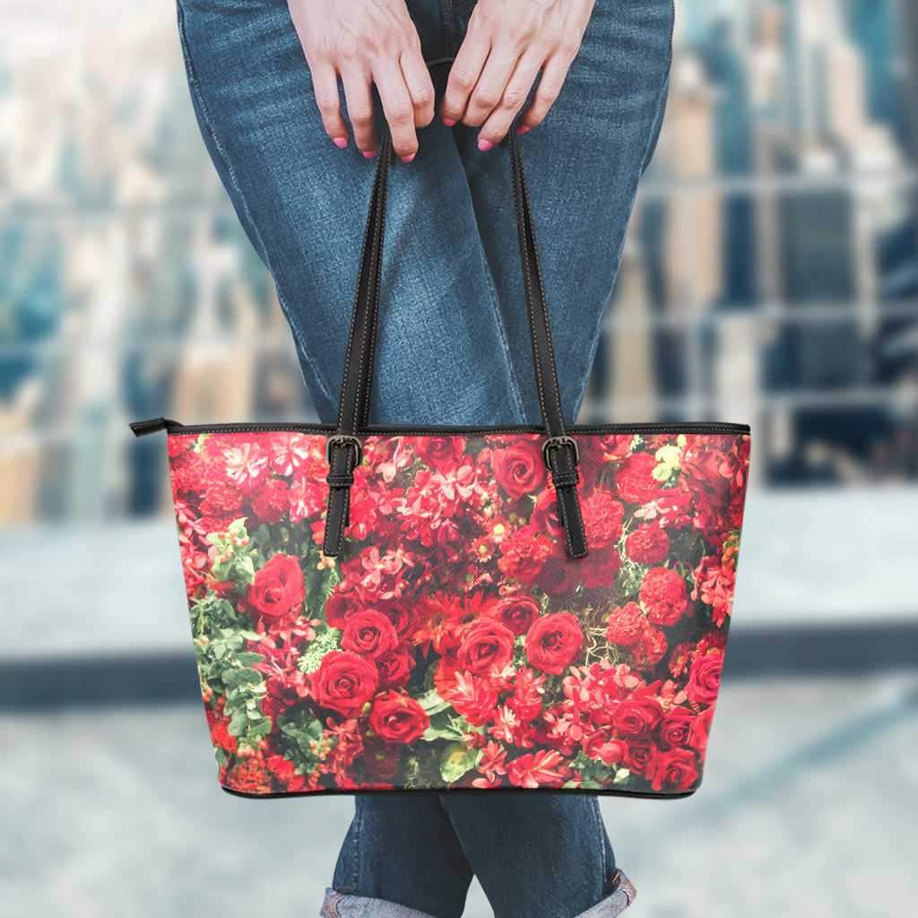 Red Rose Flower Print Leather Tote Bag
