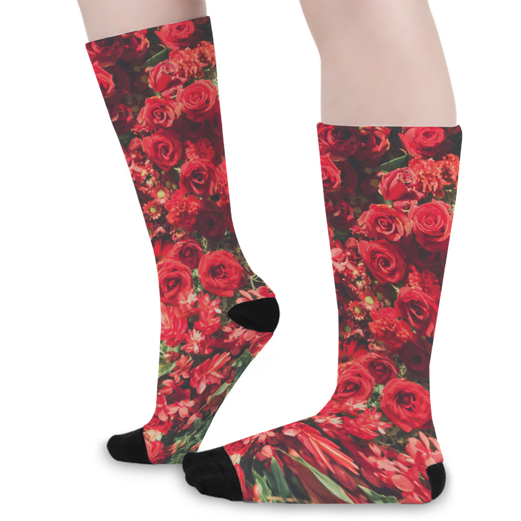 Red Rose Flower Print Long Socks