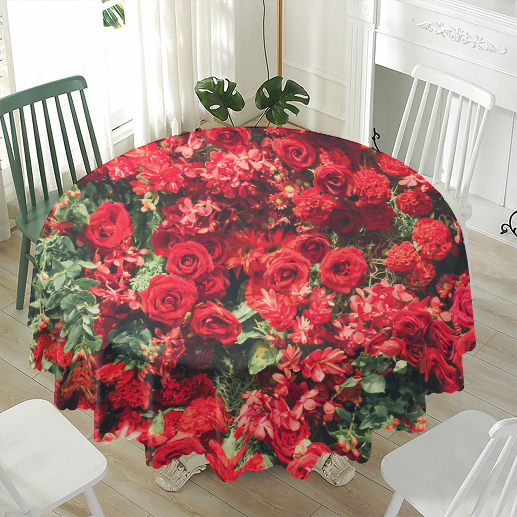 Red Rose Flower Print Waterproof Round Tablecloth