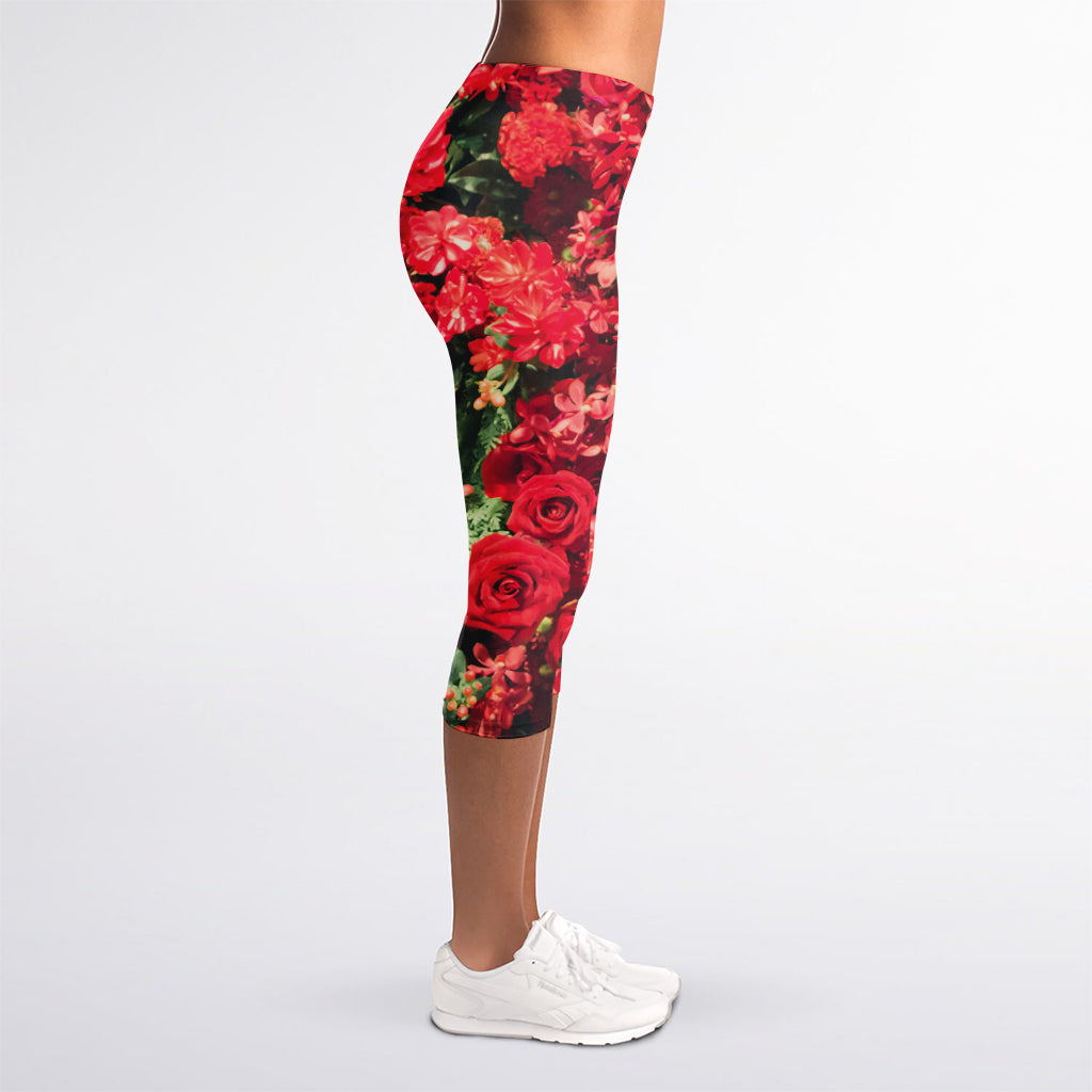 Red Rose Flower Print Women's Capri Leggings