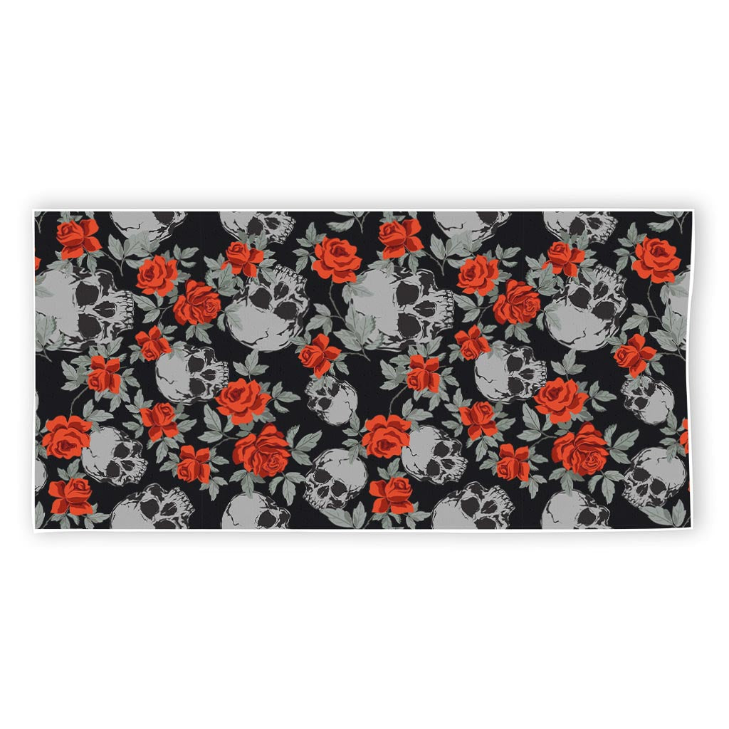 Red Rose Grey Skull Pattern Print Beach Towel