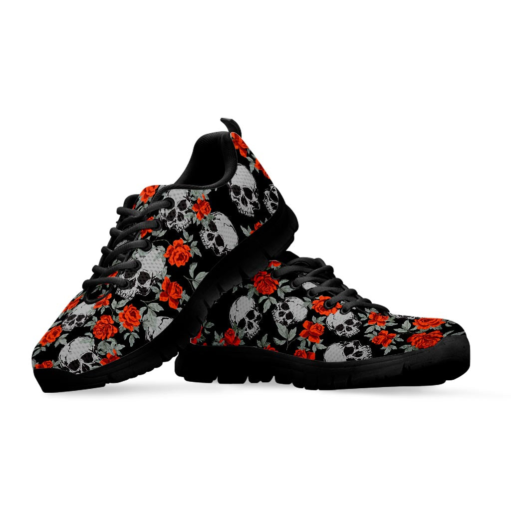 Red Rose Grey Skull Pattern Print Black Running Shoes
