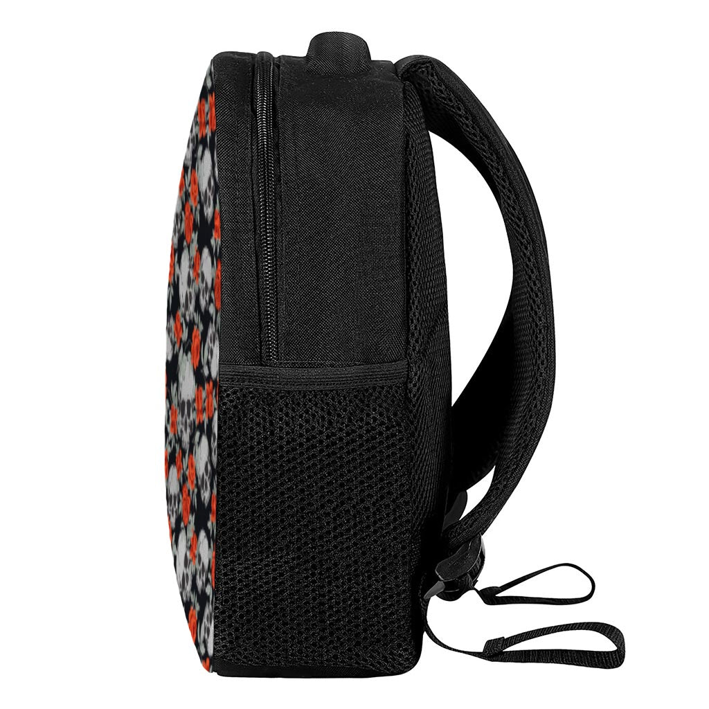 Red Rose Grey Skull Pattern Print Casual Backpack