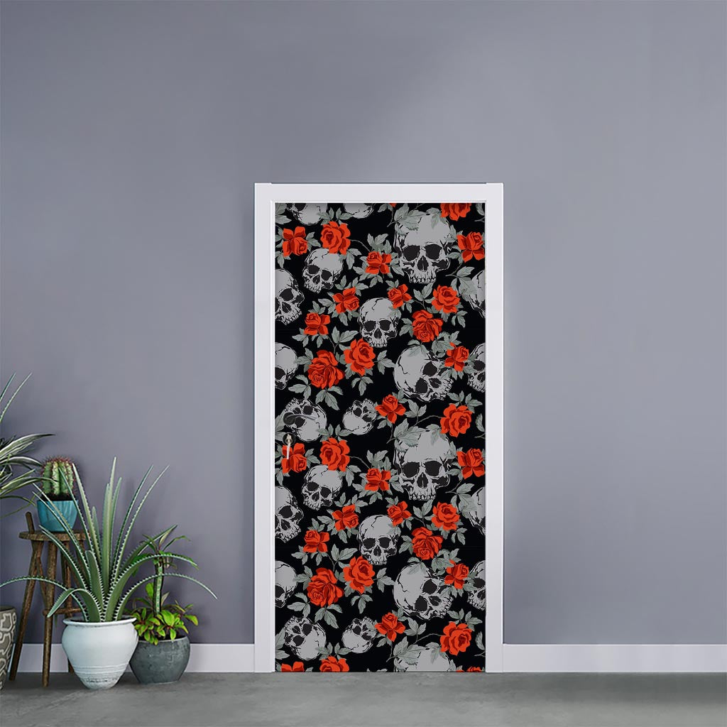 Red Rose Grey Skull Pattern Print Door Sticker