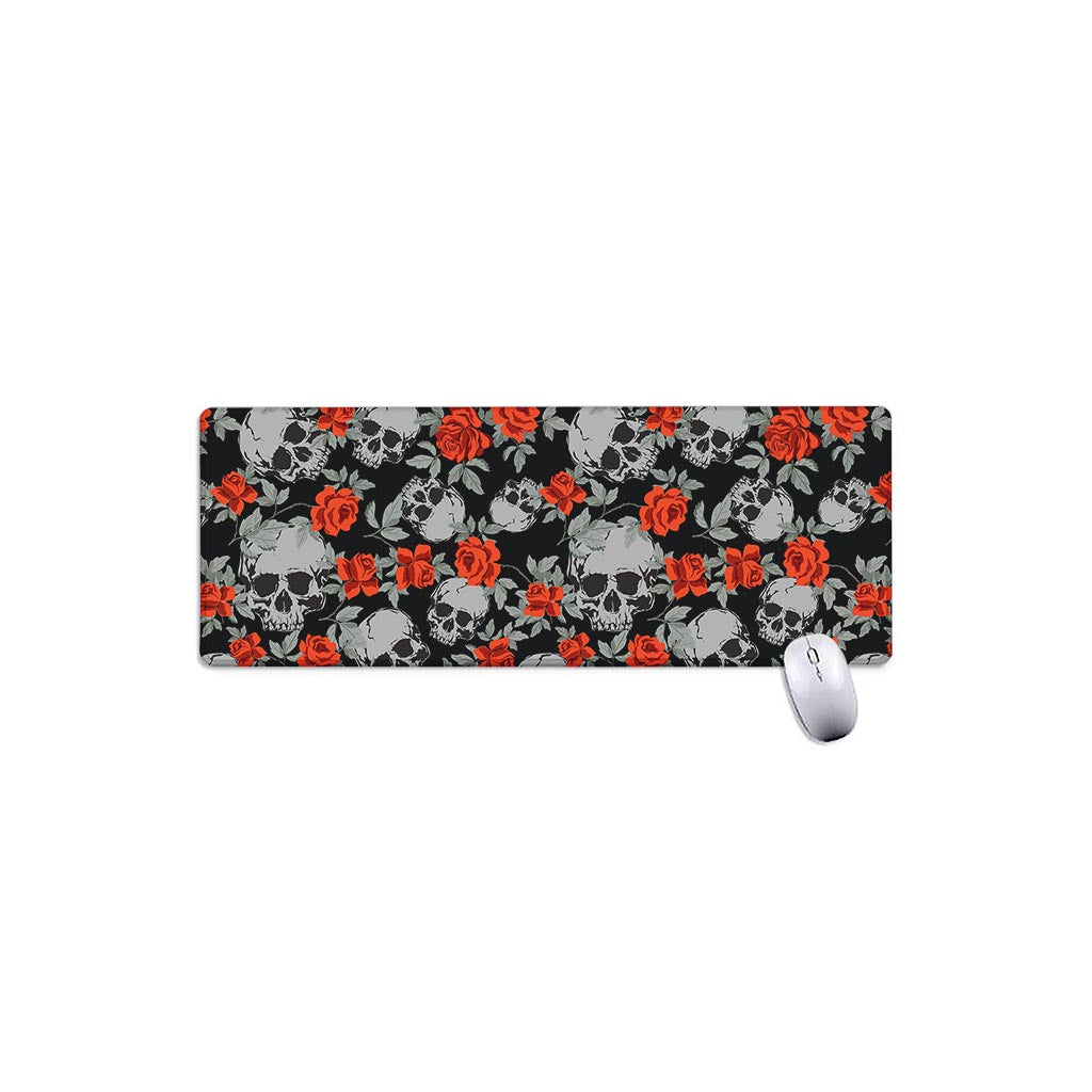 Red Rose Grey Skull Pattern Print Extended Mouse Pad