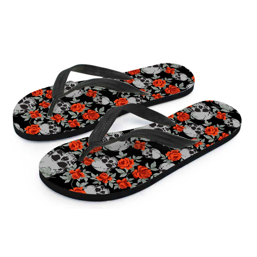 Red Rose Grey Skull Pattern Print Flip Flops