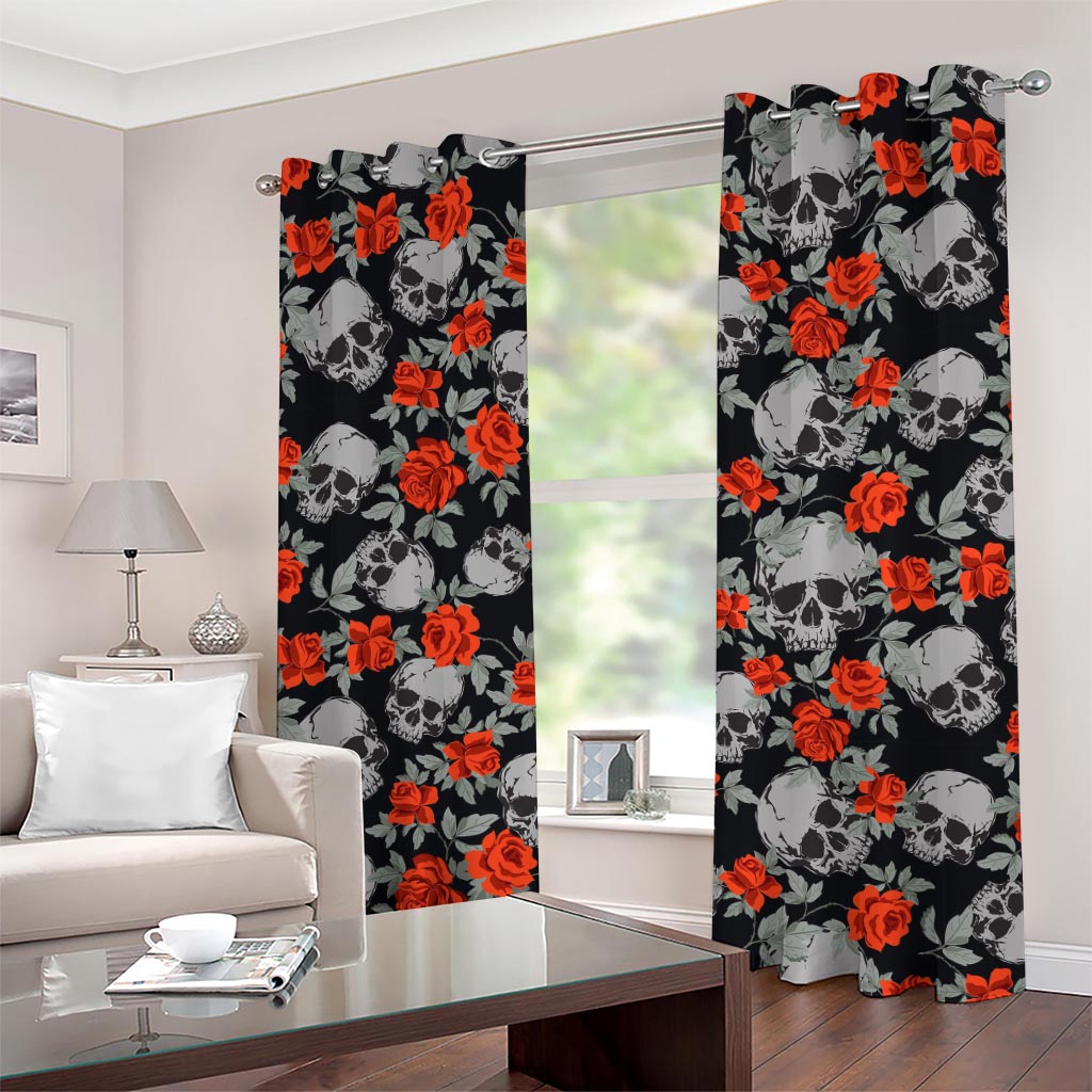 Red Rose Grey Skull Pattern Print Grommet Curtains
