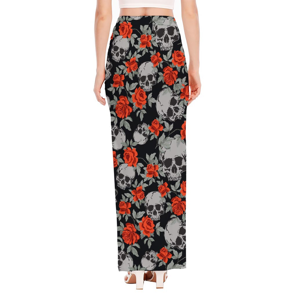 Red Rose Grey Skull Pattern Print High Slit Maxi Skirt