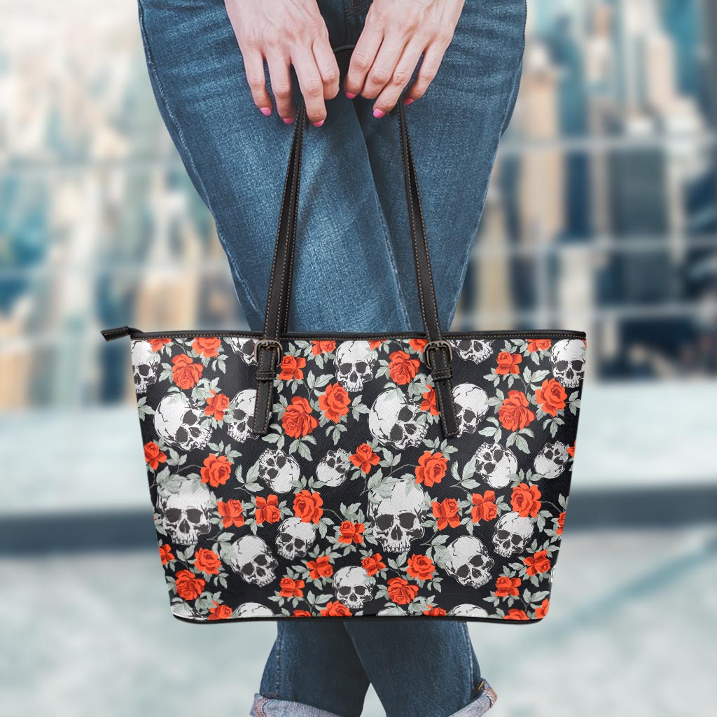 Red Rose Grey Skull Pattern Print Leather Tote Bag
