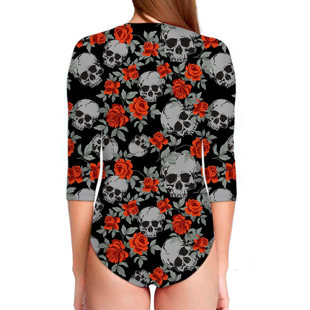 Red Rose Grey Skull Pattern Print Long Sleeve Swimsuit