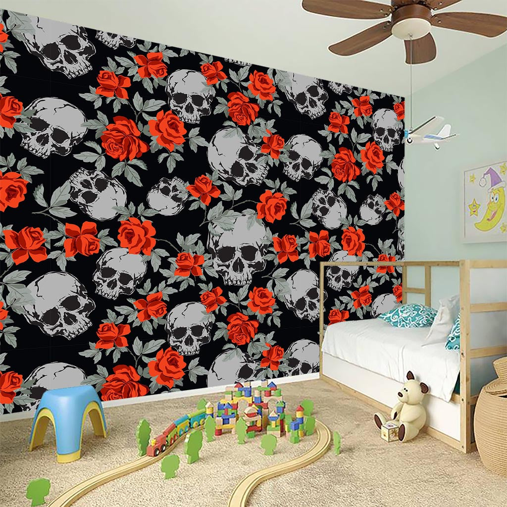 Red Rose Grey Skull Pattern Print Wall Sticker