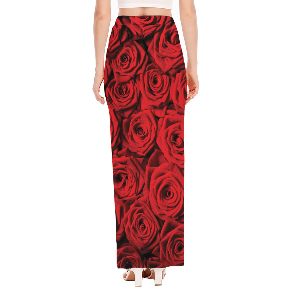 Red Rose Print High Slit Maxi Skirt