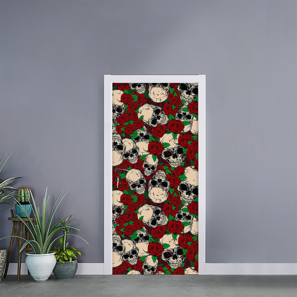 Red Rose Skull Pattern Print Door Sticker