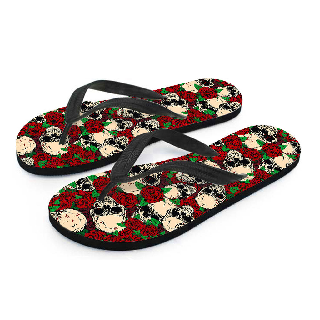 Red Rose Skull Pattern Print Flip Flops