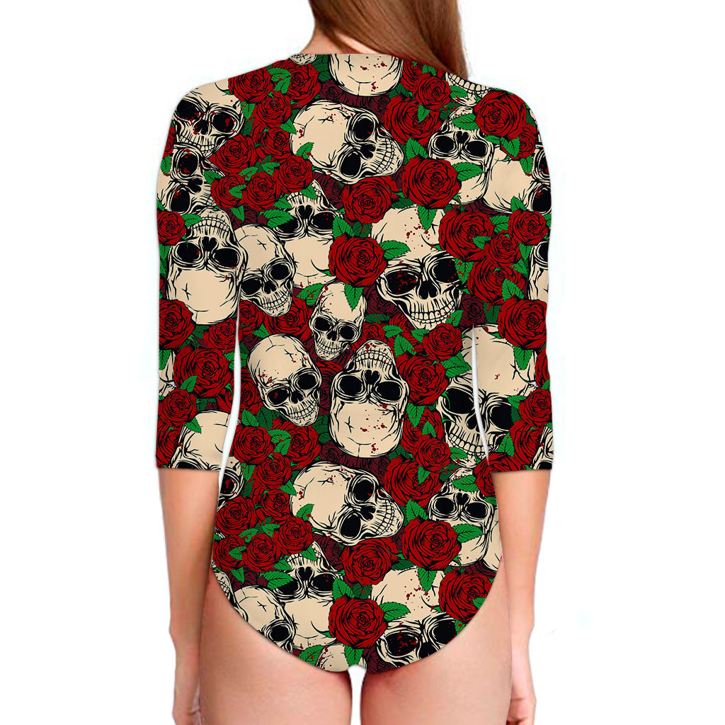 Red Rose Skull Pattern Print Long Sleeve Swimsuit