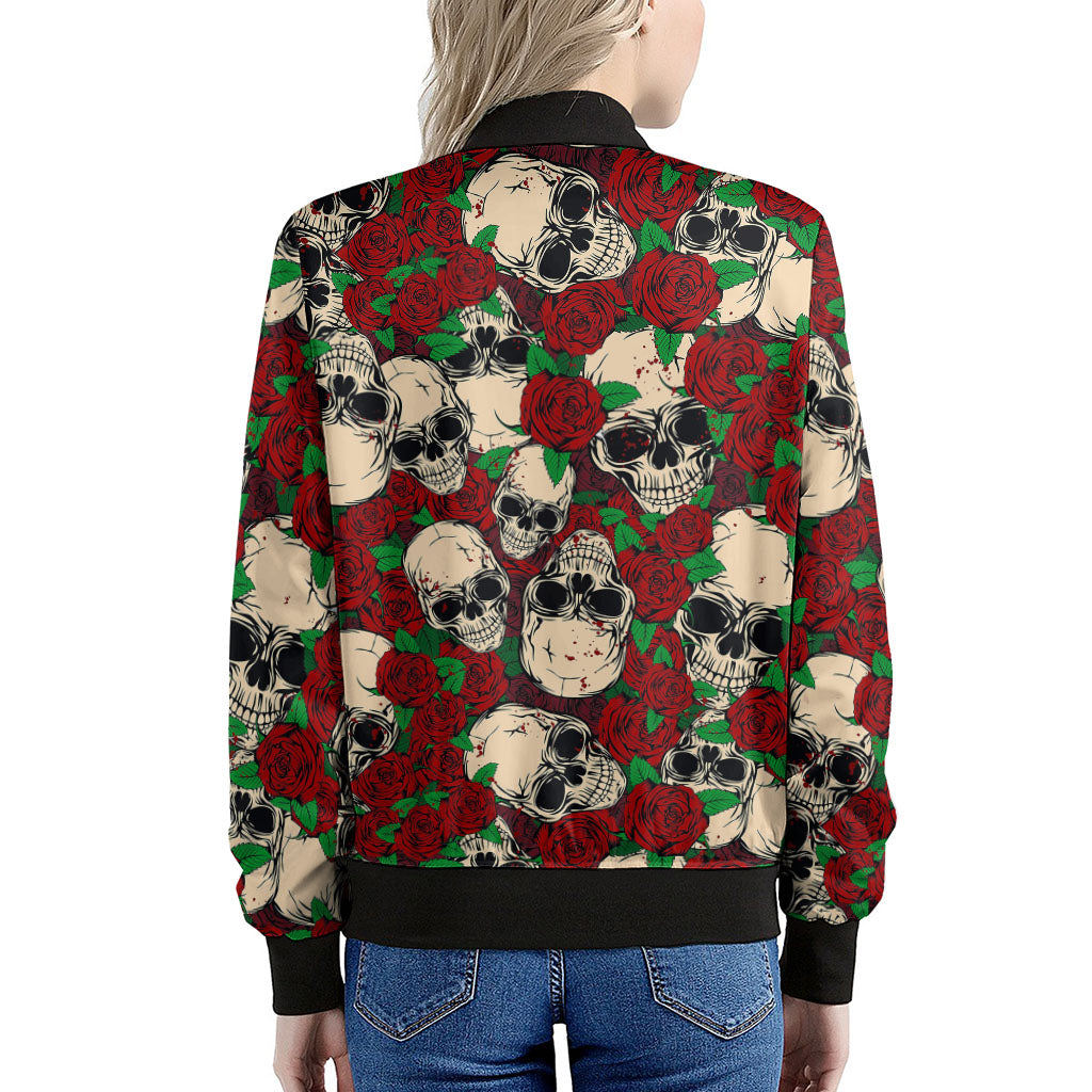 Red Rose Skull Pattern Print Women's Bomber Jacket