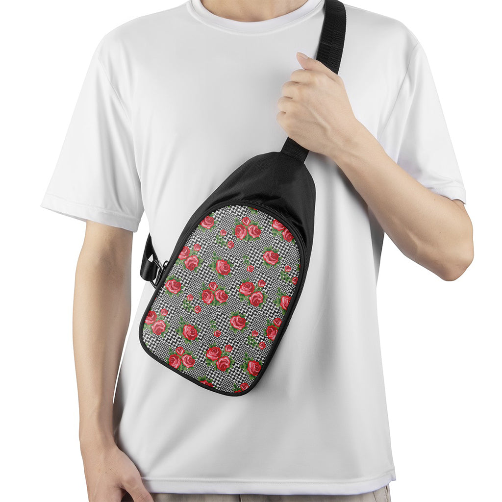 Red Roses Houndstooth Pattern Print Chest Bag