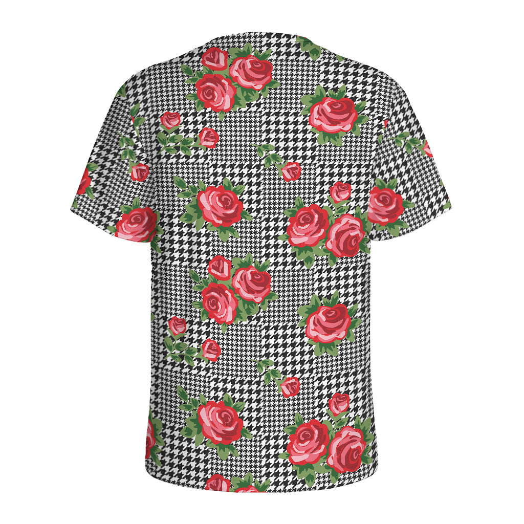 Red Roses Houndstooth Pattern Print Men's Sports T-Shirt