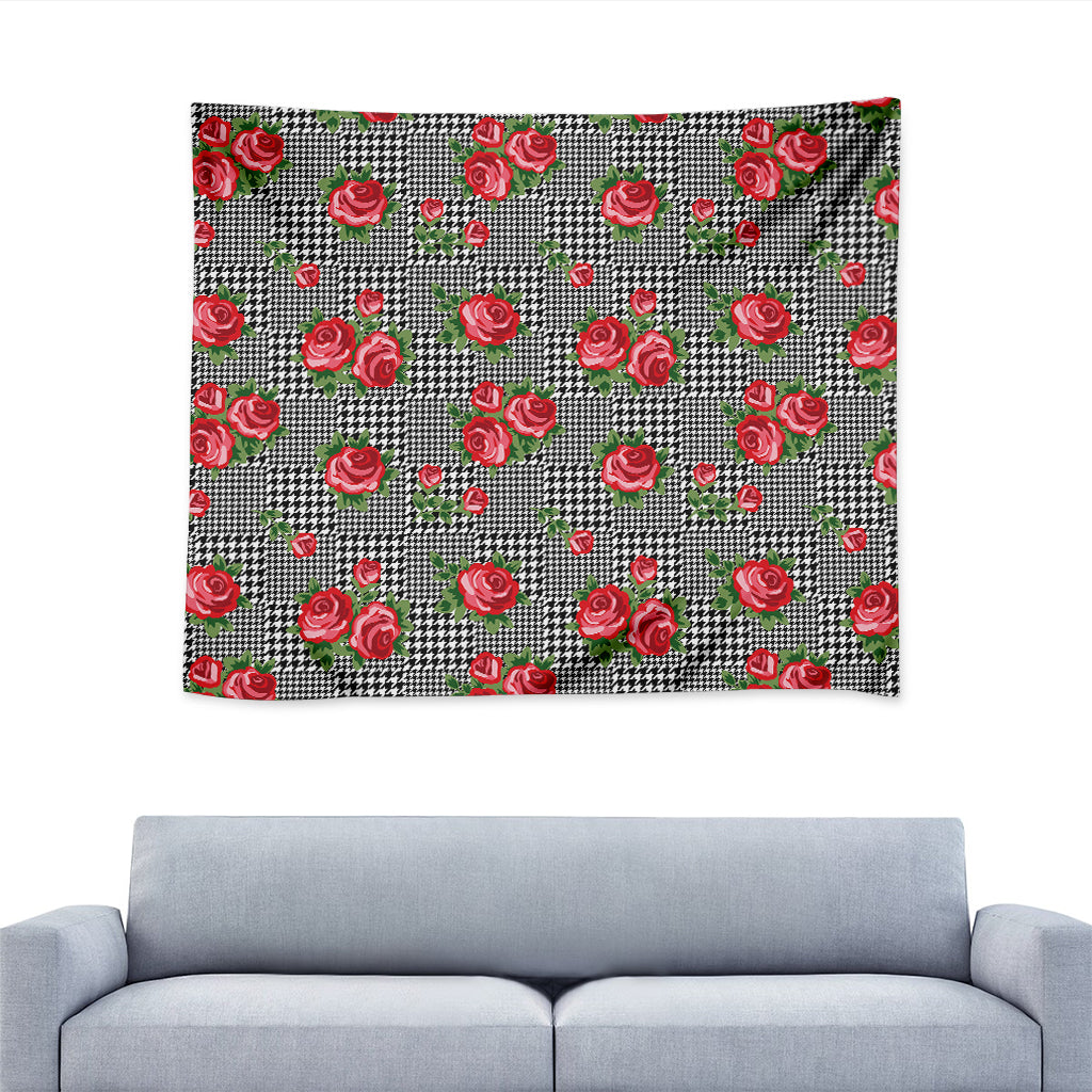 Red Roses Houndstooth Pattern Print Tapestry
