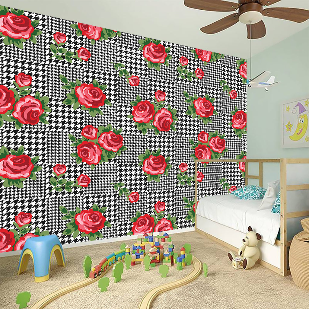 Red Roses Houndstooth Pattern Print Wall Sticker