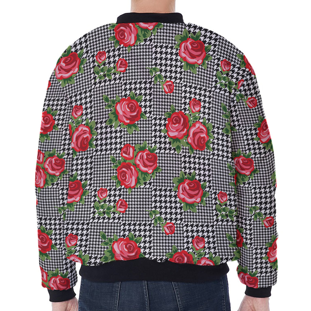 Red Roses Houndstooth Pattern Print Zip Sleeve Bomber Jacket