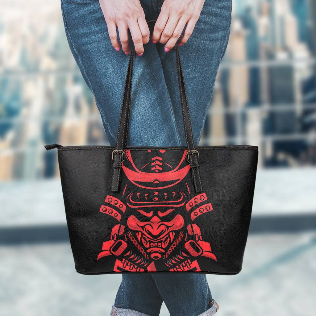 Red Samurai Mask Print Leather Tote Bag