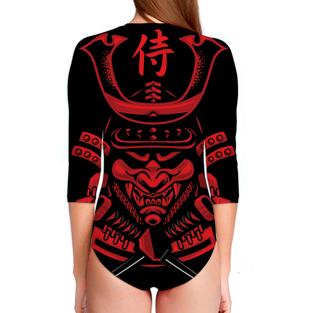 Red Samurai Mask Print Long Sleeve Swimsuit