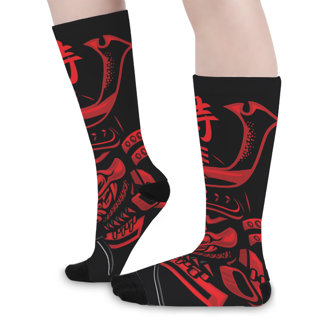 Red Samurai Mask Print Long Socks