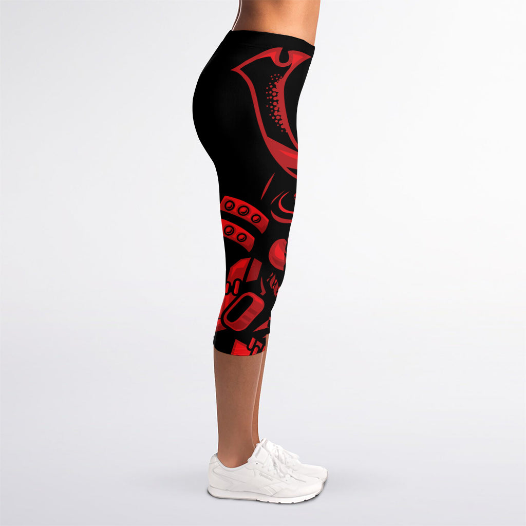 Red Samurai Mask Print Women's Capri Leggings